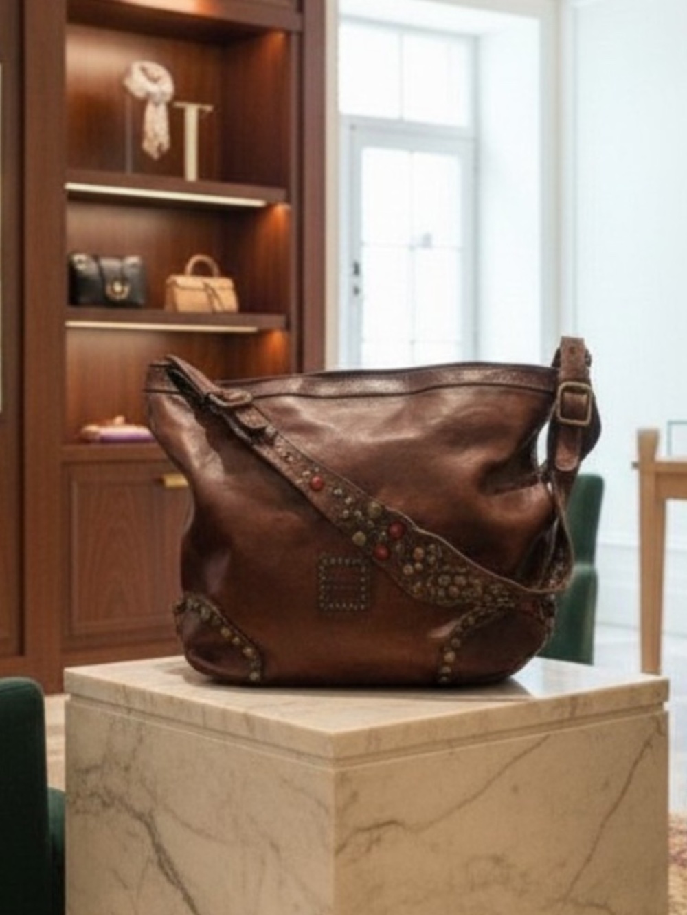 Campomaggi Italian Leather Studded Hobo Shoulder Bag Brown Accessible Luxury